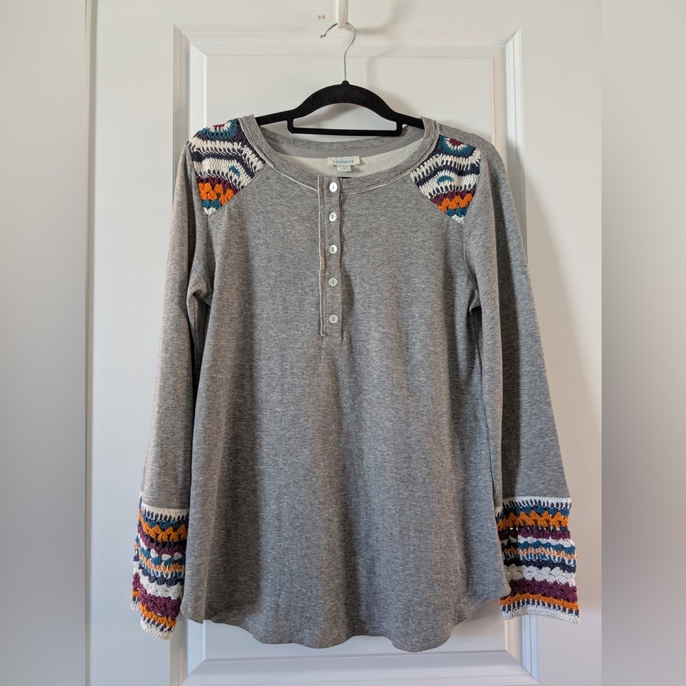 SUNDANCE Women's Vintage Vibes Henley Crochet Embroidered Top Gray Size Small